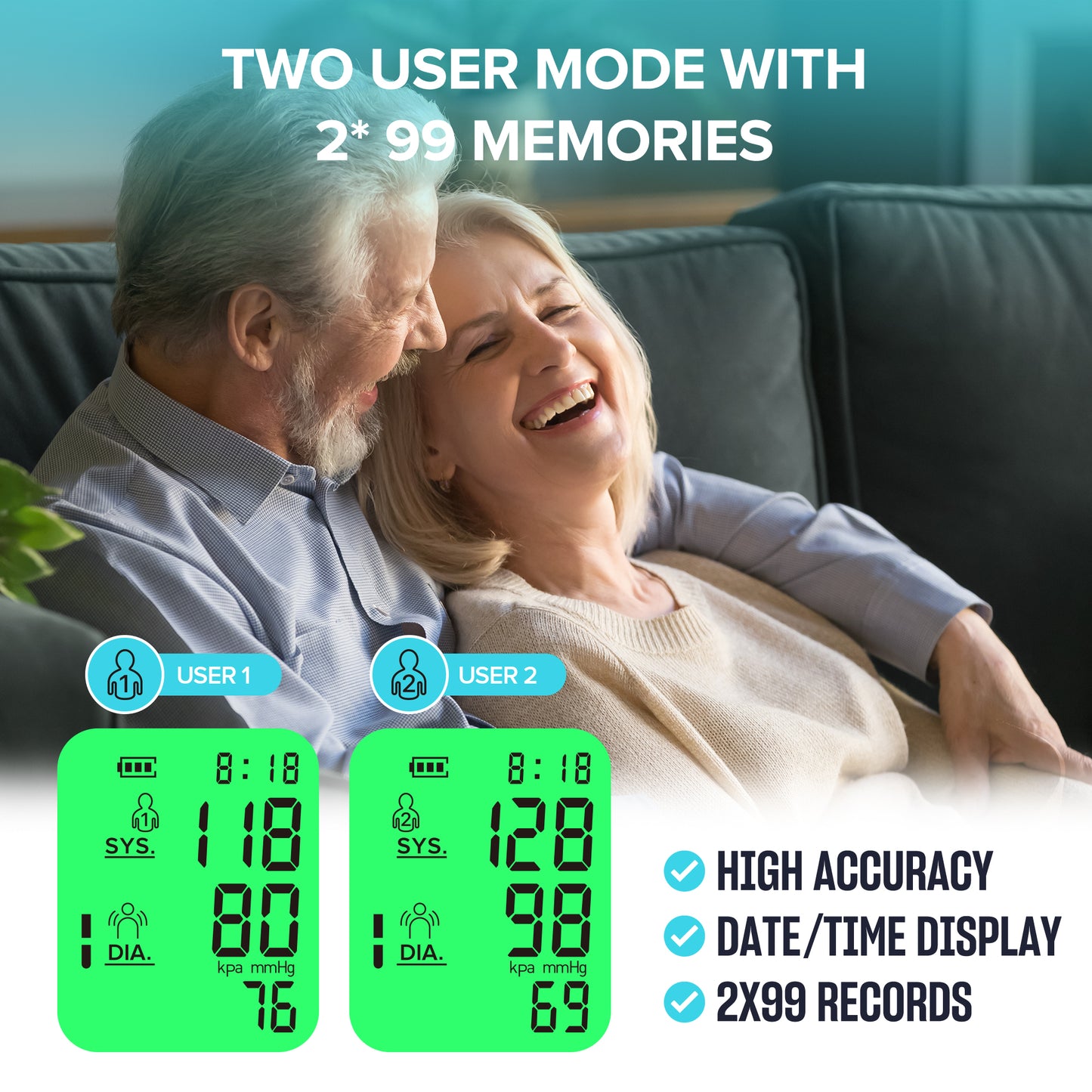 Blood Pressure Monitor for Home Use, Automatic Upper Arm Blood Pressure Machine with Large LCD Display, Adjustable Cuff (9 to 17 inches), 2 x 99 Memory Sets, Easy to use/Travel